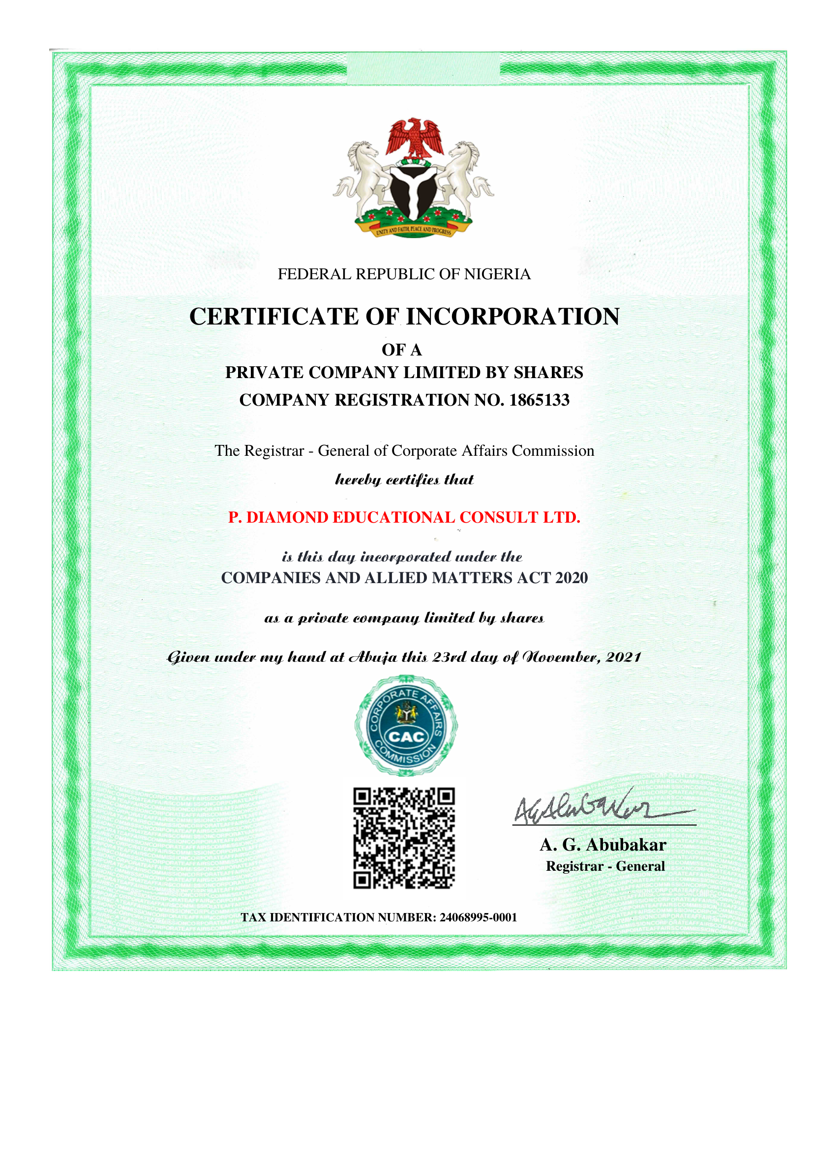 CAC Certificate of Incorporation, P Diamond Educational Consult Ltd